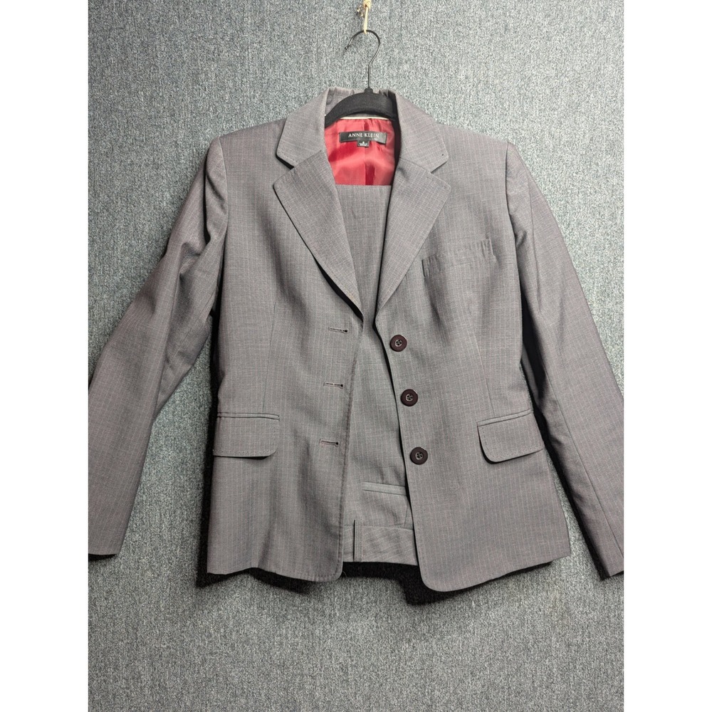Anne Klein Suit Womens 6 Grey Red Pinstripe Wool Blend Blazer Pants Set 2 Piece